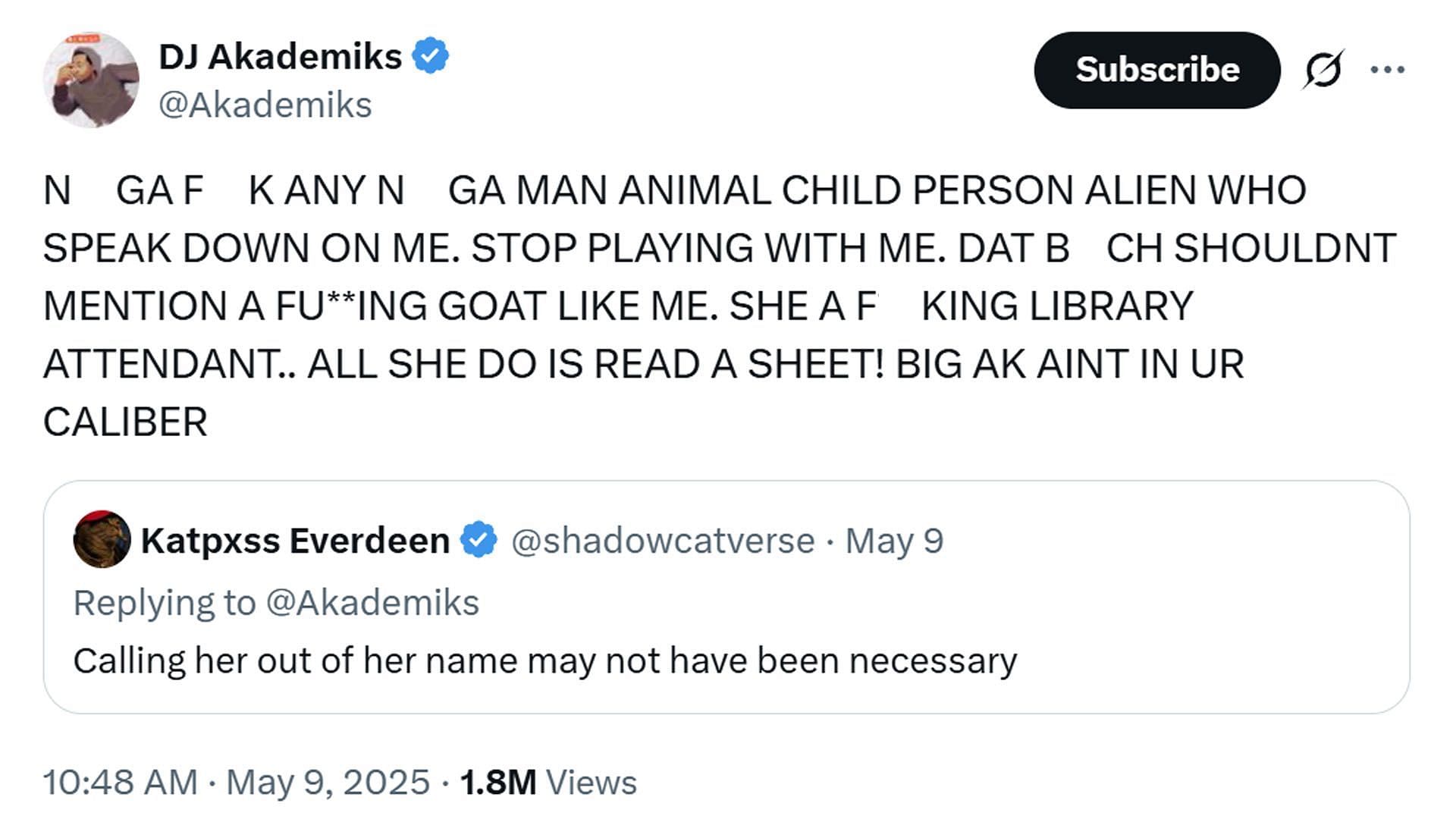 Allen's tweet (Image via X/@Akademiks, @shadowcatverse)